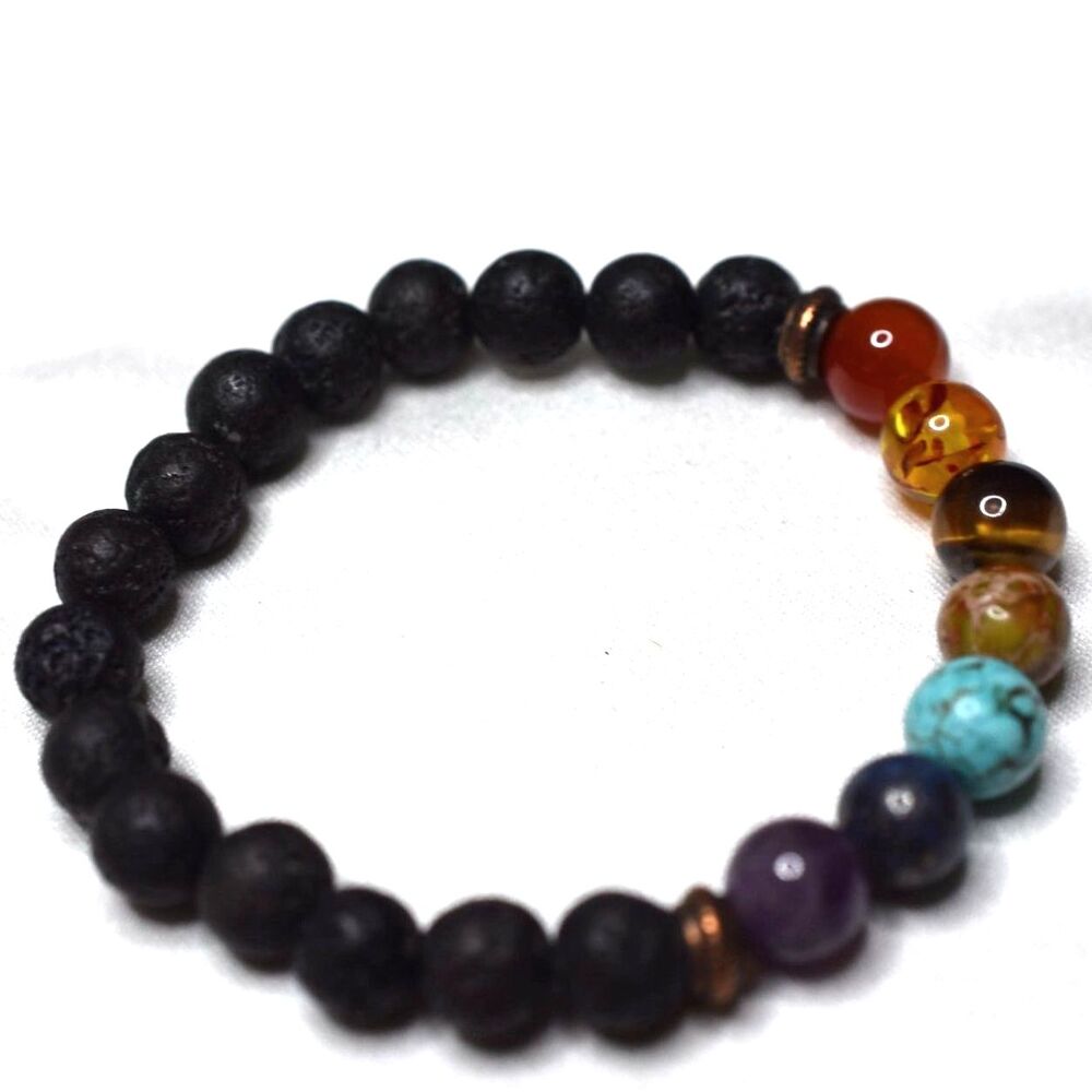 Trendy Healing 7 Chakras Agate/Lava Multi Color Beads 5" Stretch Bracelet
